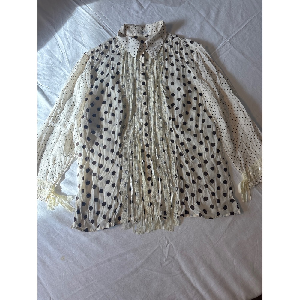 Jaipur Polka Dot Blouse Womens XL Cream Black  Lace Trim Button Down